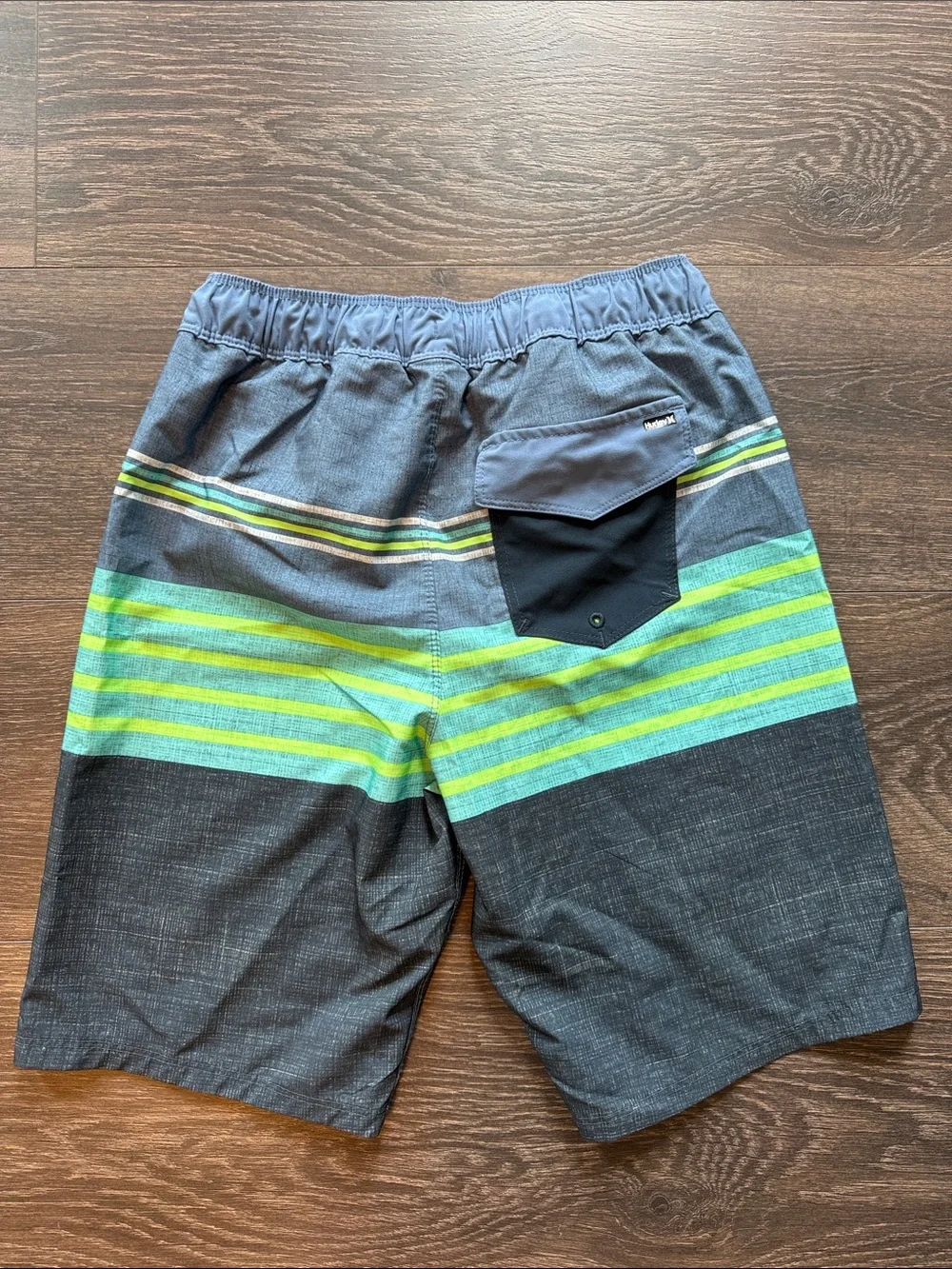 Hurley Boys Blue Swim Trunks with Lime & Aqua Stripes, Size 10/12